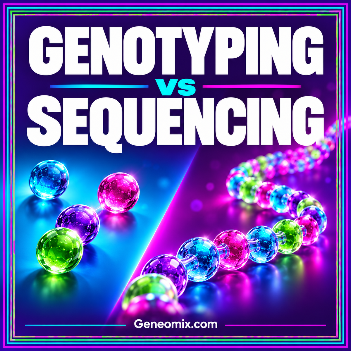 Genotyping vs. Sequencing: What Each Method Measures — Geneomix.com typography artwork