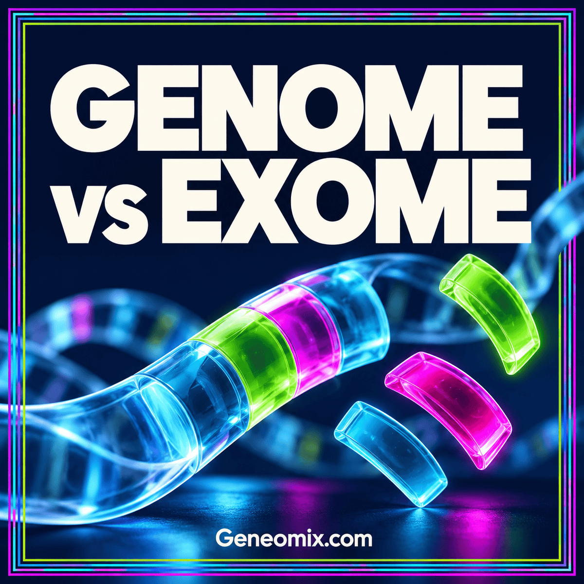 Whole Genome vs. Exome Sequencing: Scope, Limits, and Questions — Geneomix.com typography artwork